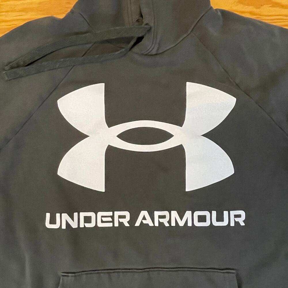 Y2K Thrashed Super Soft Under Armour Logo Hoodie Grey Unisex Medium Loose Fit